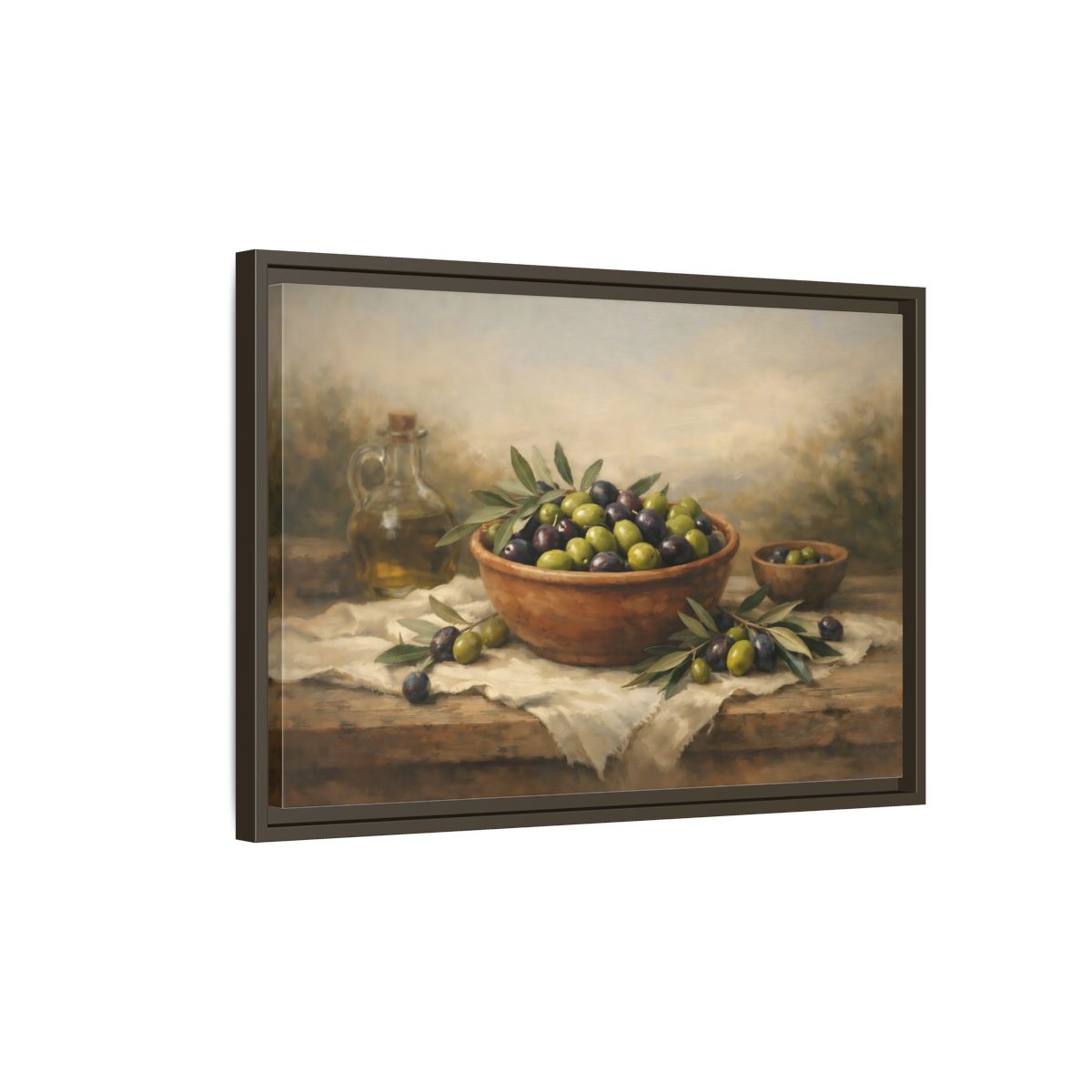 Side Mockup 2. Nature Olives Green And Purple Olives shown as stretched canvas wall art