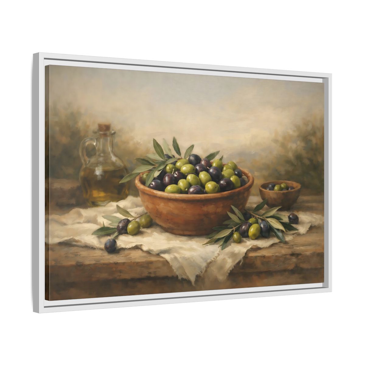 Side Mockup 10. Nature Olives Green And Purple Olives shown as stretched canvas wall art