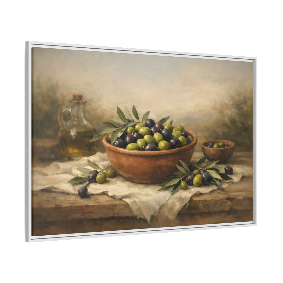 Side Mockup 7. Nature Olives Green And Purple Olives shown as stretched canvas wall art