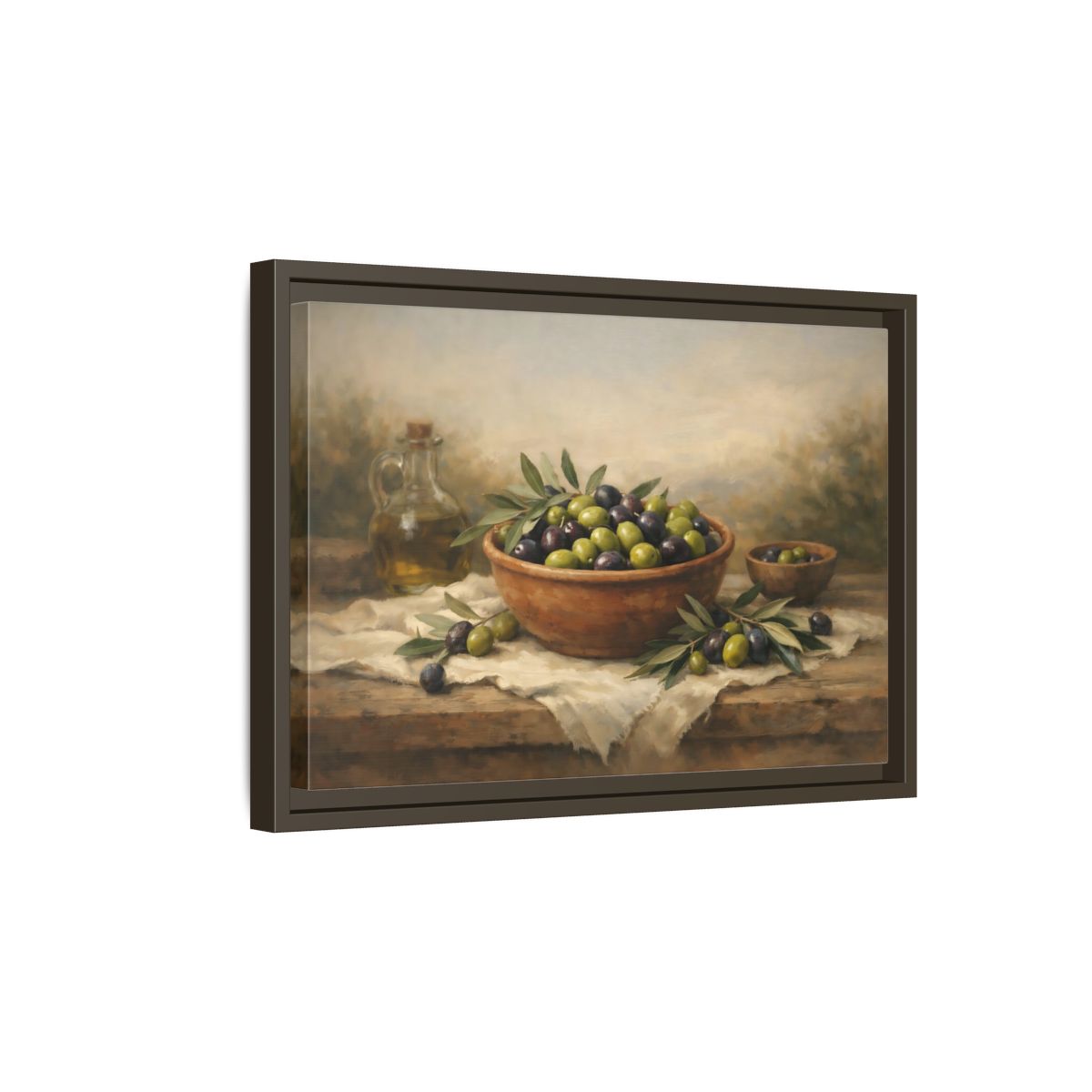 Side Mockup 5. Nature Olives Green And Purple Olives shown as stretched canvas wall art