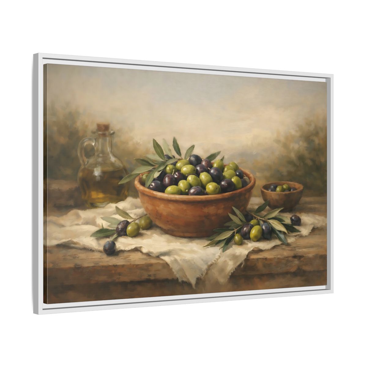 Side Mockup 8. Nature Olives Green And Purple Olives shown as stretched canvas wall art