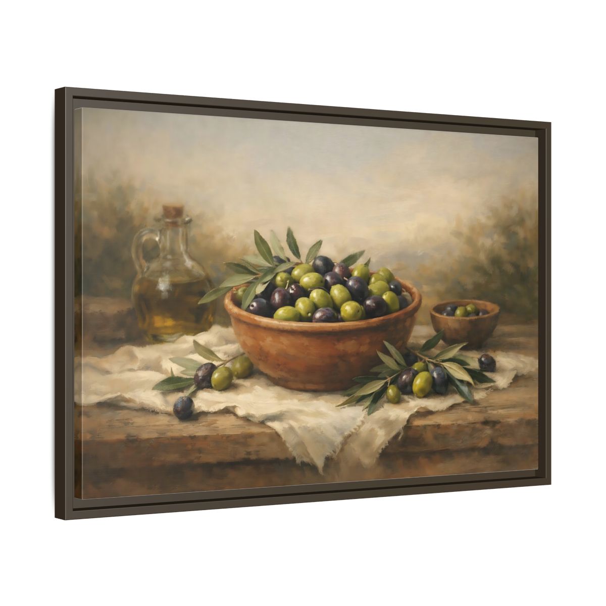 Side Mockup 11. Nature Olives Green And Purple Olives shown as stretched canvas wall art