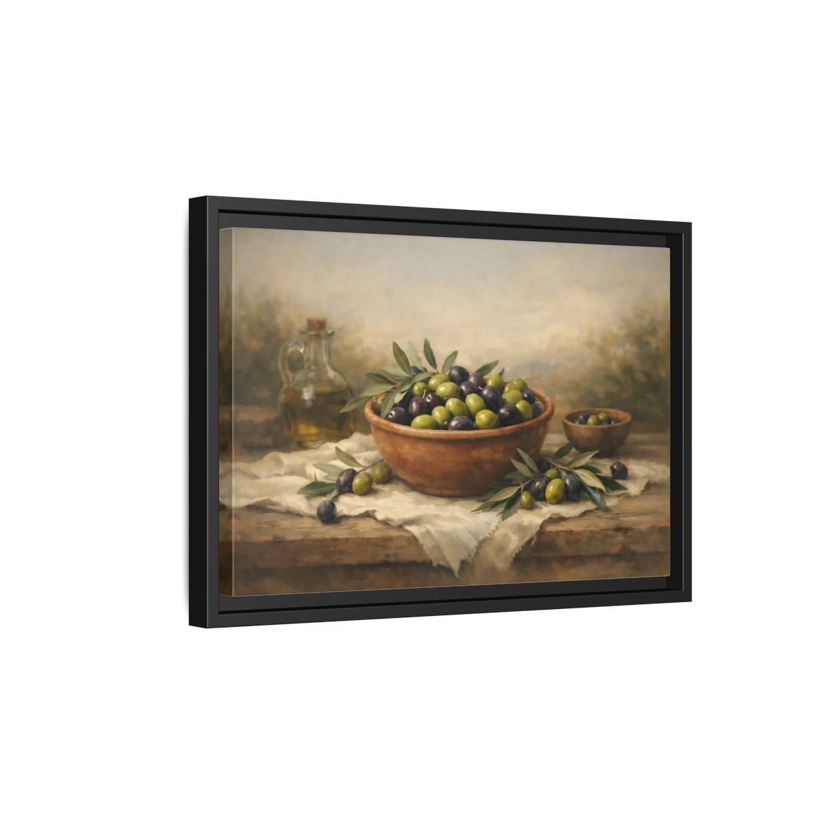 Side Mockup 6. Nature Olives Green And Purple Olives shown as stretched canvas wall art