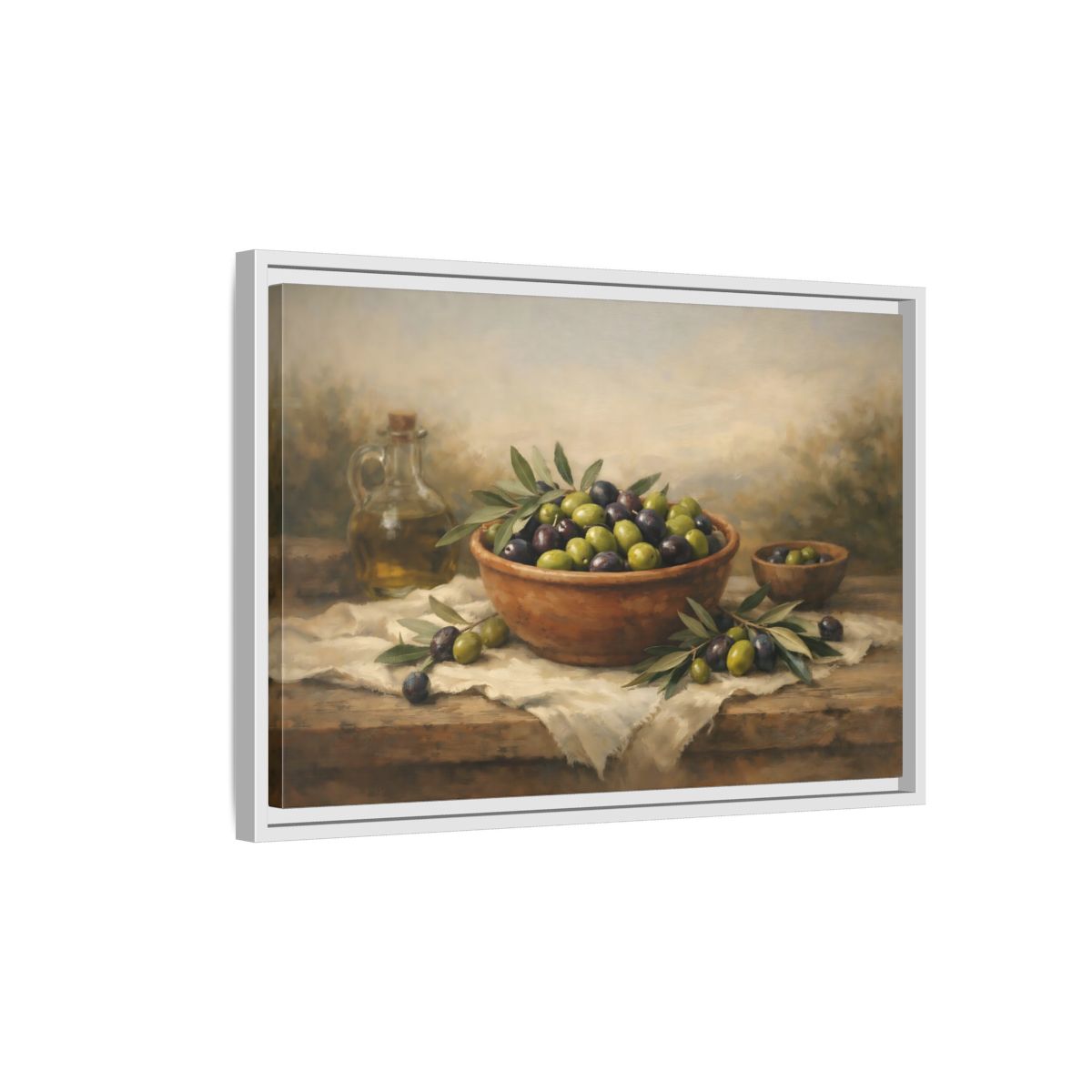 Side Mockup 1. Nature Olives Green And Purple Olives shown as stretched canvas wall art