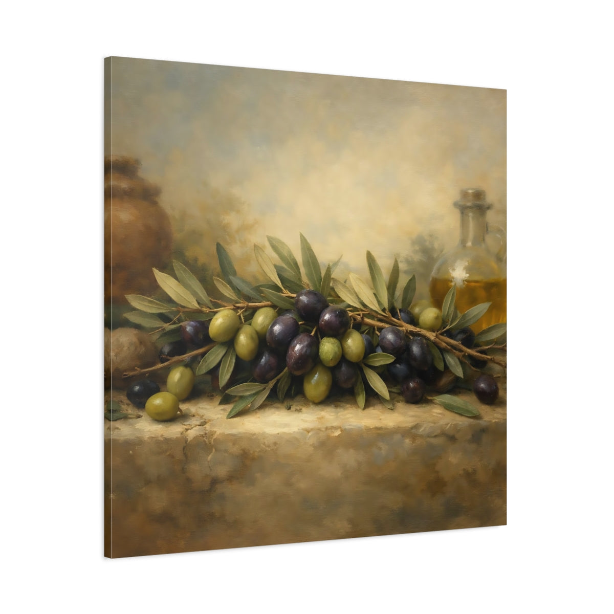 Main Mockup. Nature Olives Green And Purple Olives shown as stretched canvas wall art