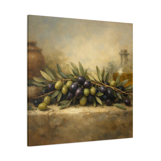 Main Mockup. Nature Olives Green And Purple Olives shown as stretched canvas wall art