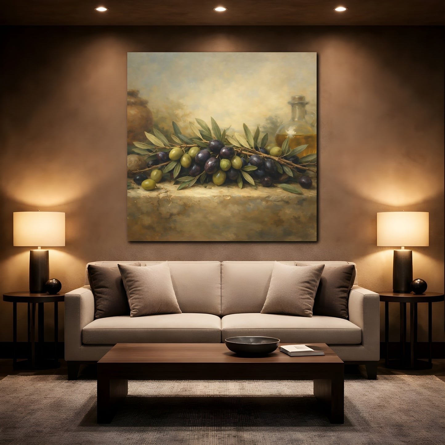 Mockup 2. Nature Olives Green And Purple Olives shown as stretched canvas wall art