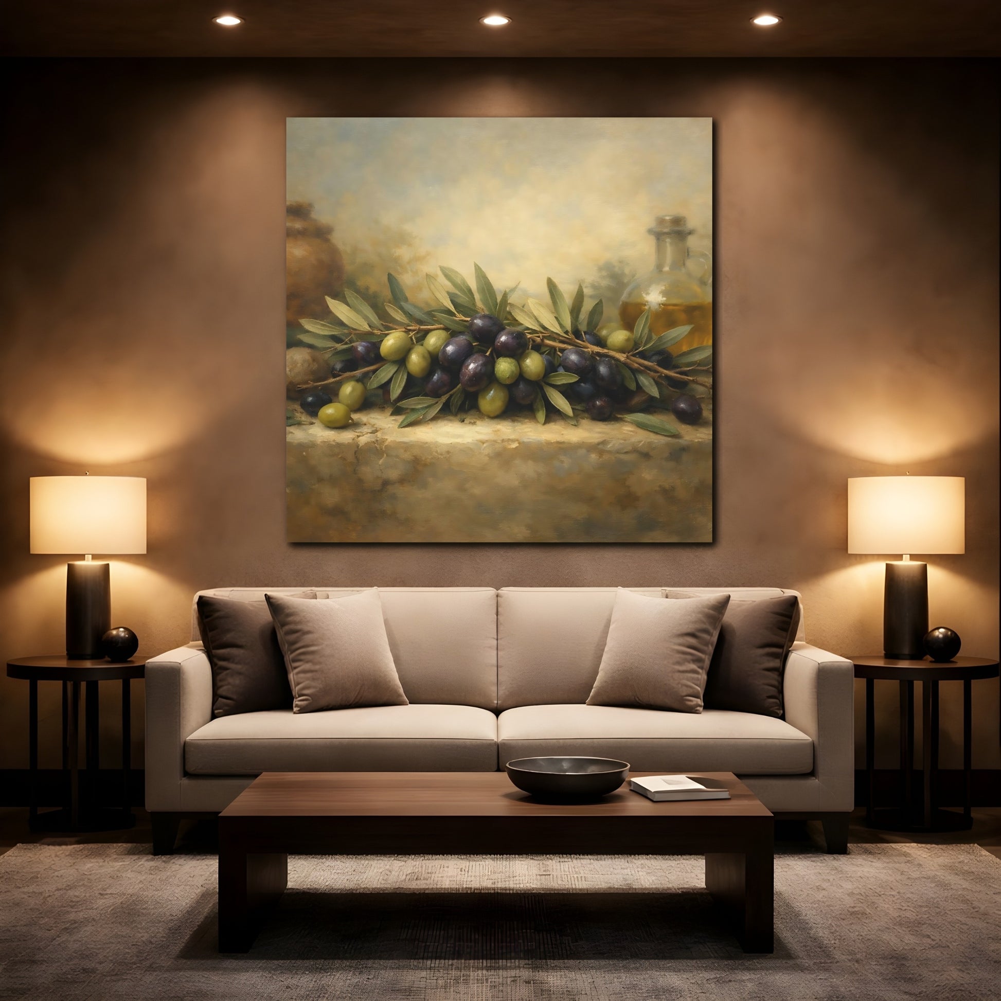 Mockup 2. Nature Olives Green And Purple Olives shown as stretched canvas wall art
