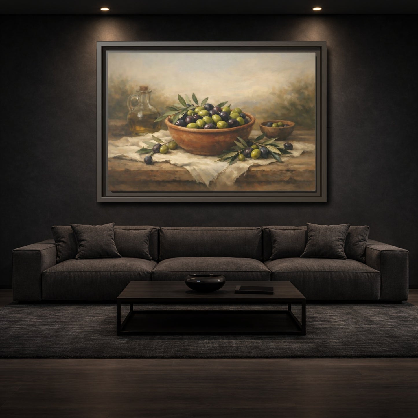 Mockup 2. Nature Olives Green And Purple Olives shown as stretched canvas wall art