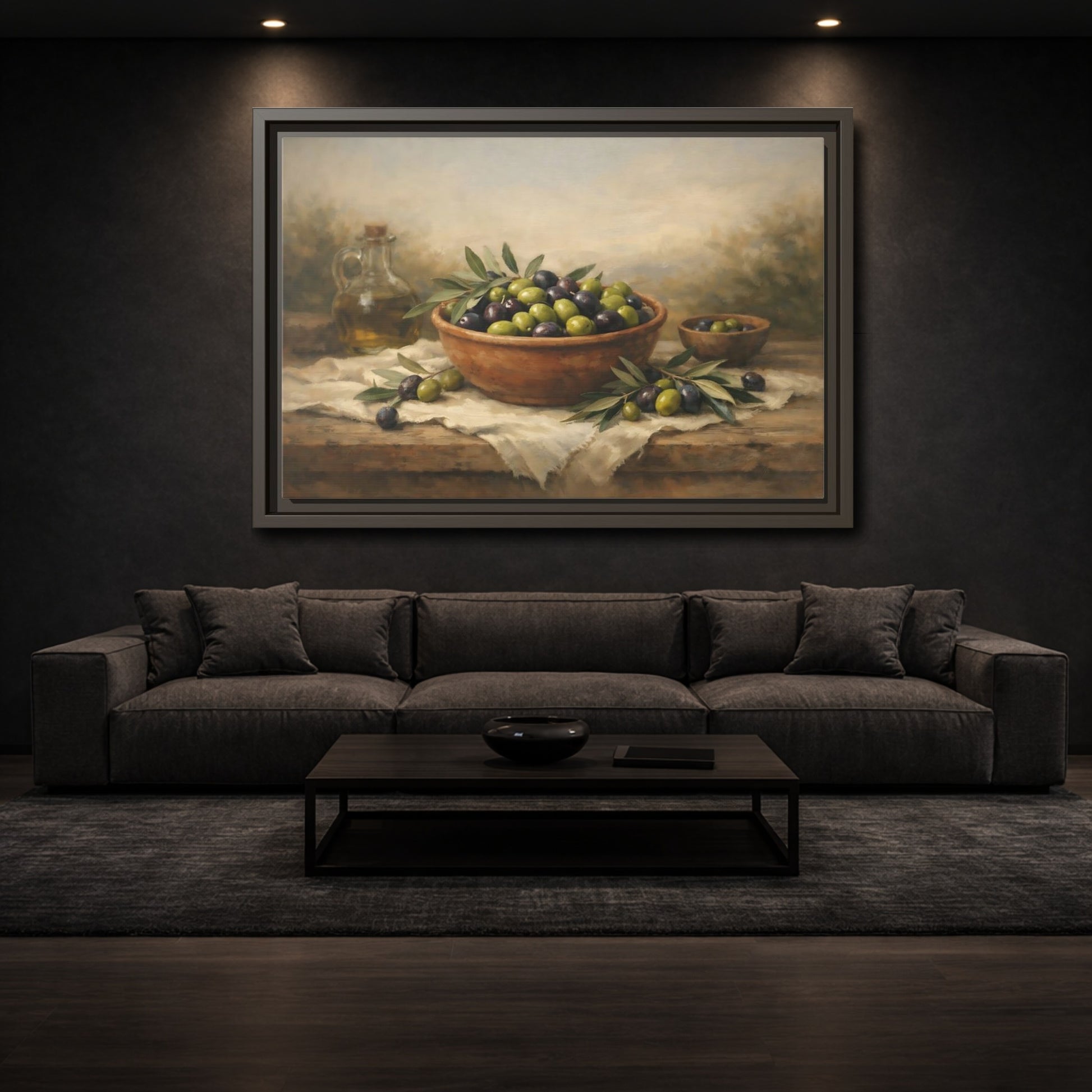 Mockup 2. Nature Olives Green And Purple Olives shown as stretched canvas wall art