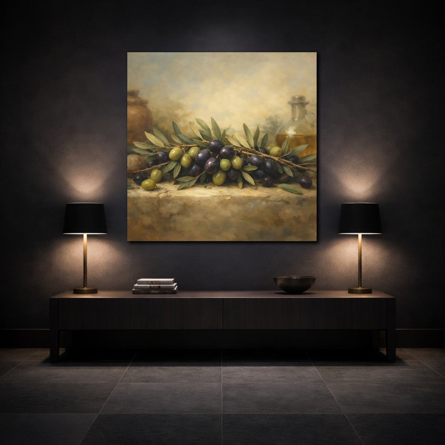 Mockup 3. Nature Olives Green And Purple Olives shown as stretched canvas wall art