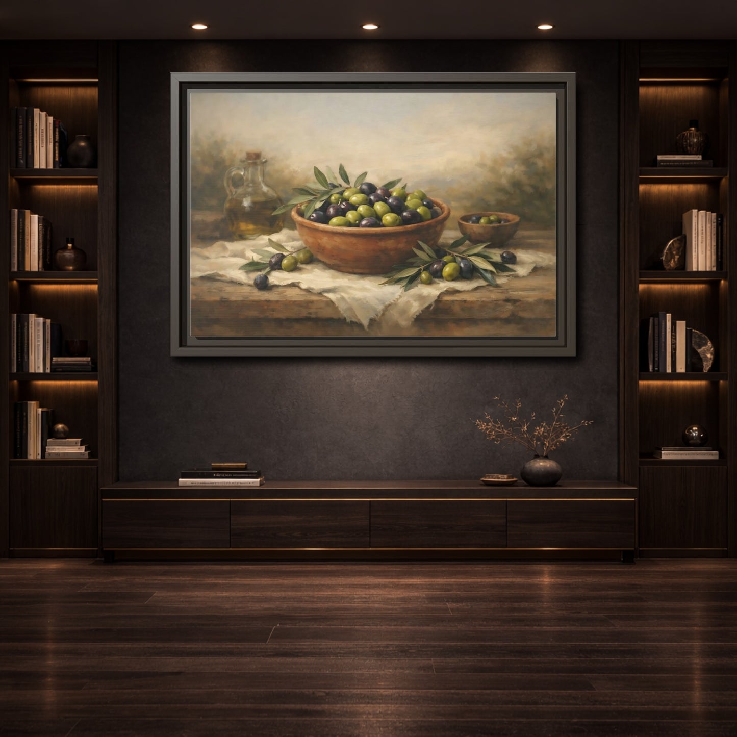 Mockup 3. Nature Olives Green And Purple Olives shown as stretched canvas wall art