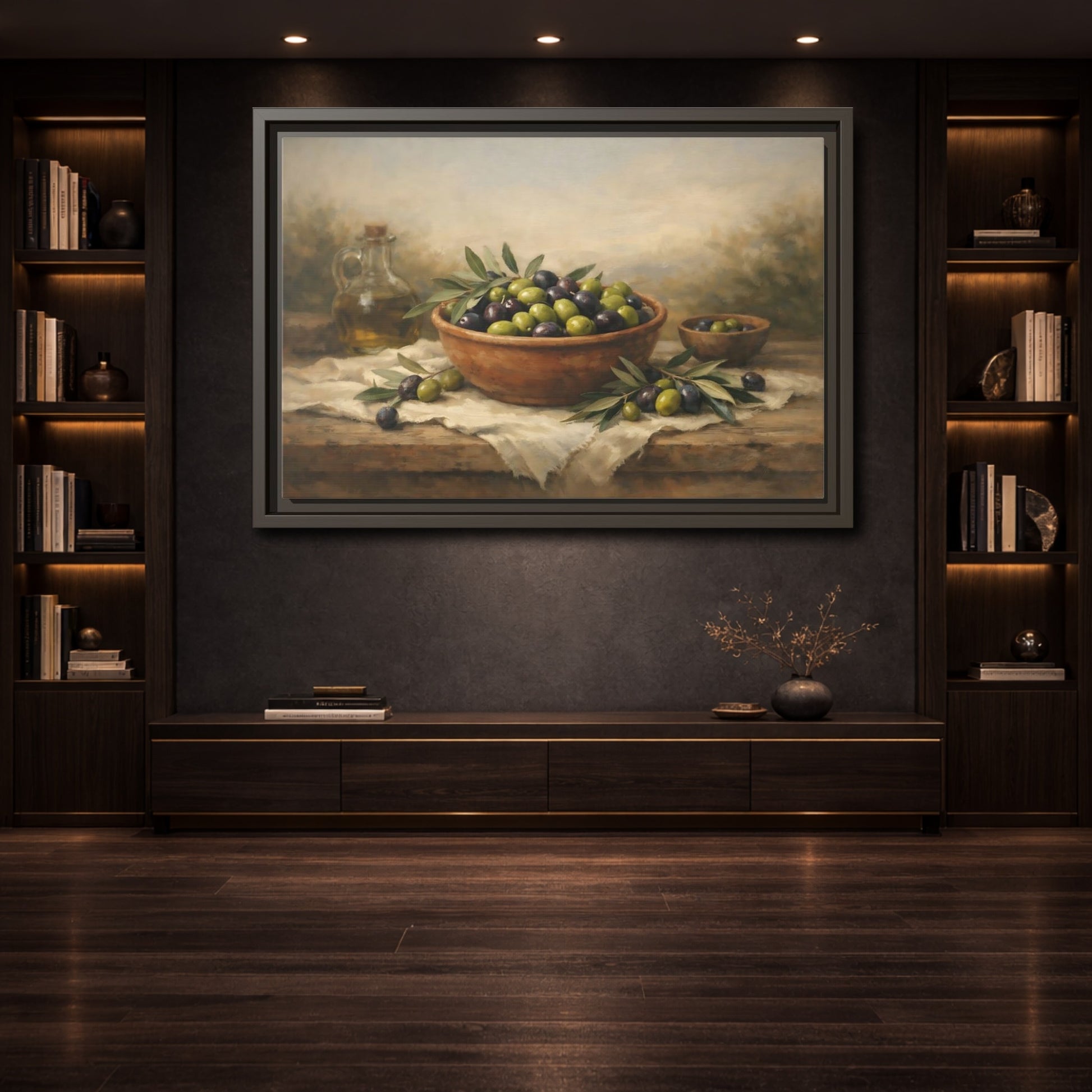 Mockup 3. Nature Olives Green And Purple Olives shown as stretched canvas wall art