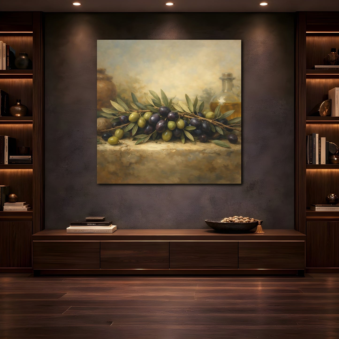 Mockup 4. Nature Olives Green And Purple Olives shown as stretched canvas wall art