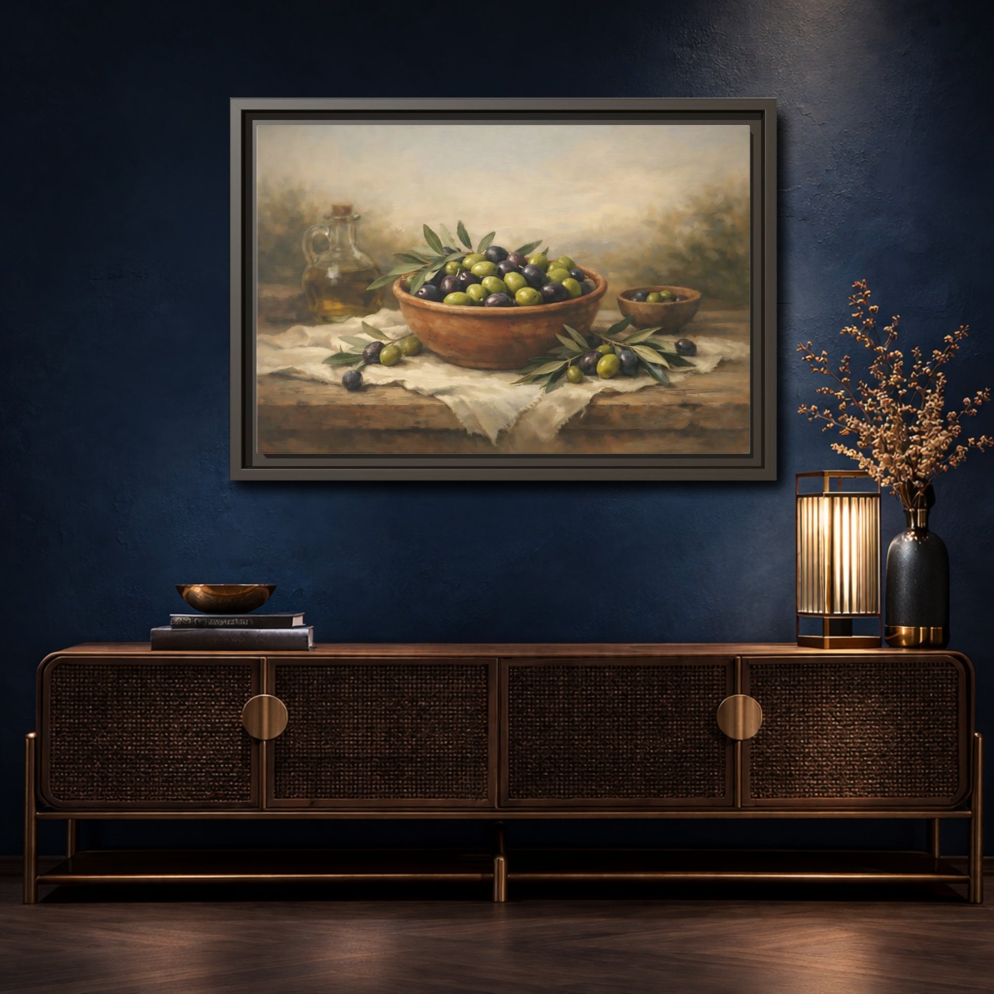 Mockup 4. Nature Olives Green And Purple Olives shown as stretched canvas wall art