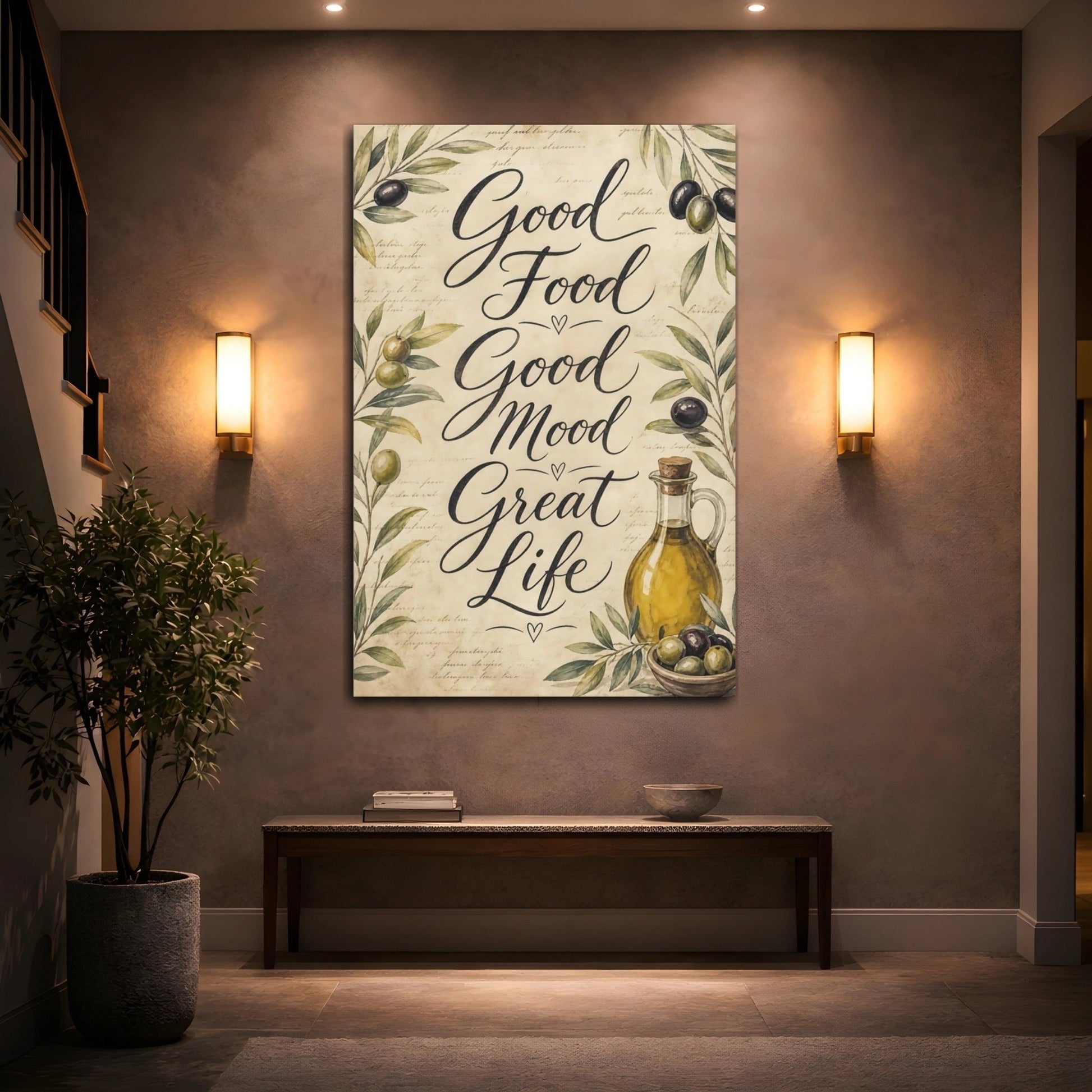 Nature Olives Olive Green Text Canvas Print – Vintage Kitchen, Above Counter - YesArtYes