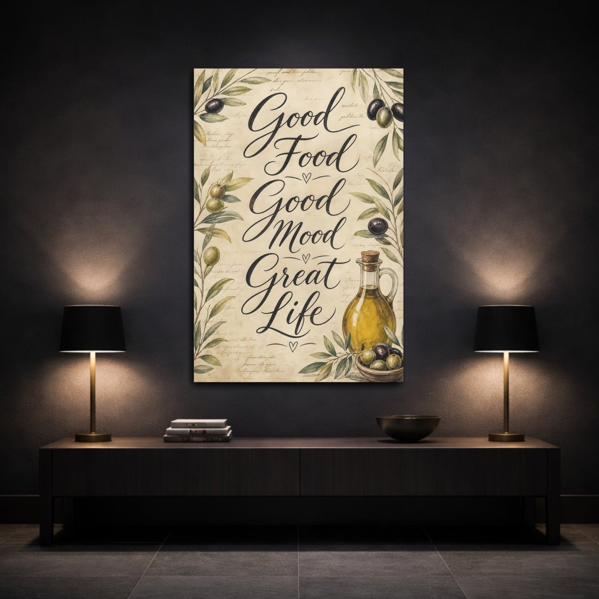 Nature Olives Olive Green Text Canvas Print – Vintage Kitchen, Above Counter - YesArtYes