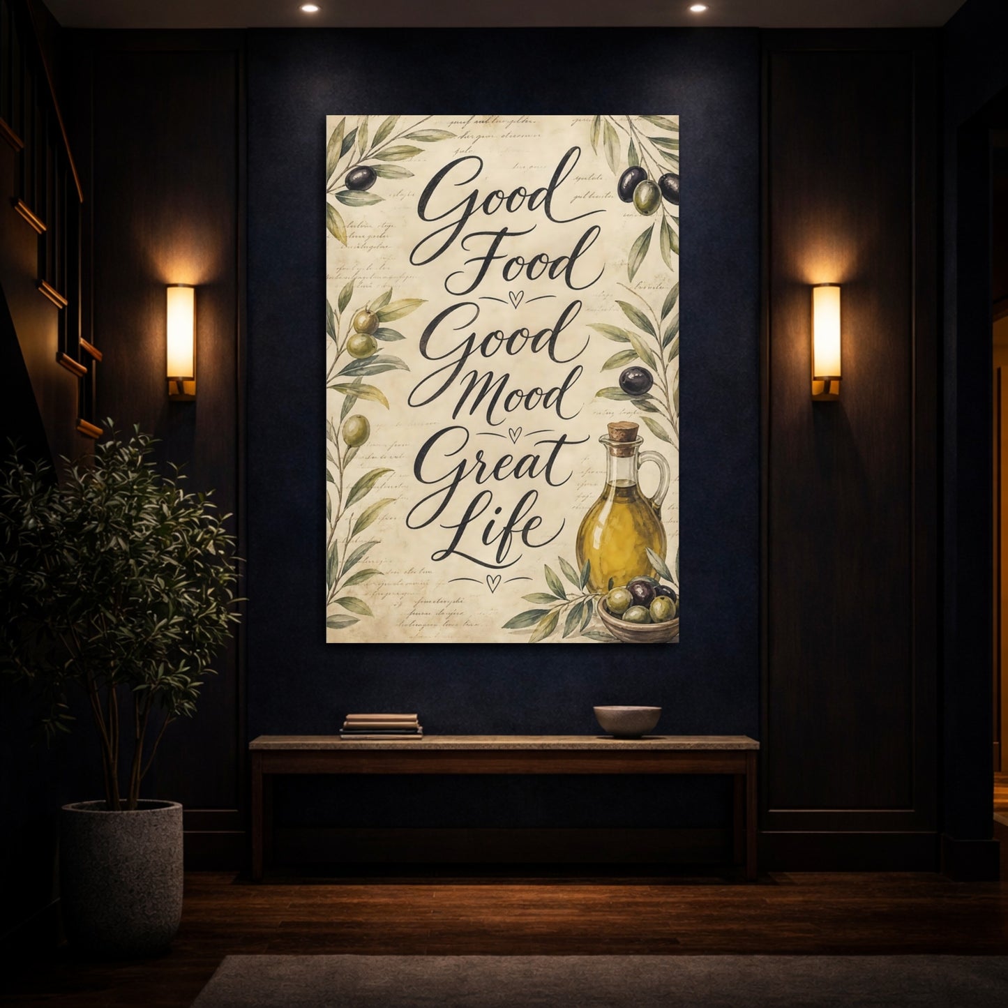 Mockup 4. Nature Olives Olive Green Text shown as stretched canvas wall art