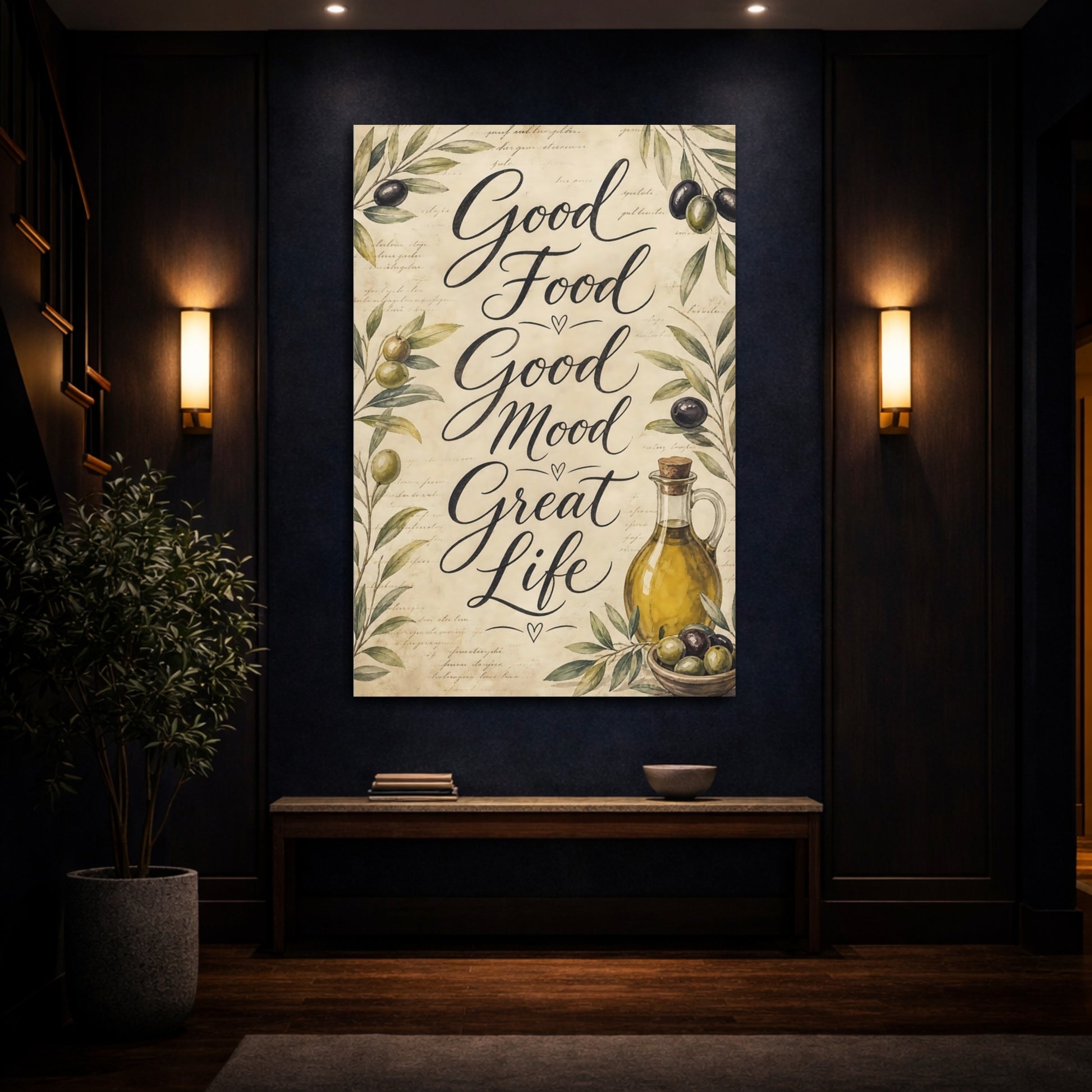 Mockup 4. Nature Olives Olive Green Text shown as stretched canvas wall art