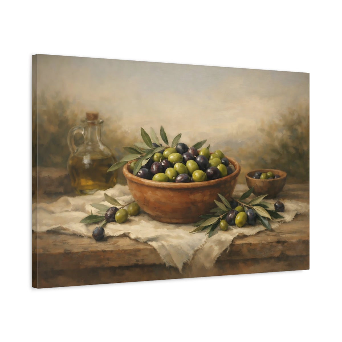 Side Mockup 2. Nature Olives Olive Still Life shown as stretched canvas wall art