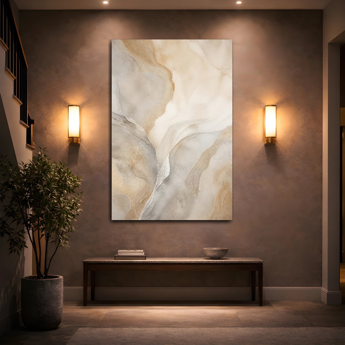 Mockup 2. Nature Onyx Texture Beige And Gold shown as stretched canvas wall art