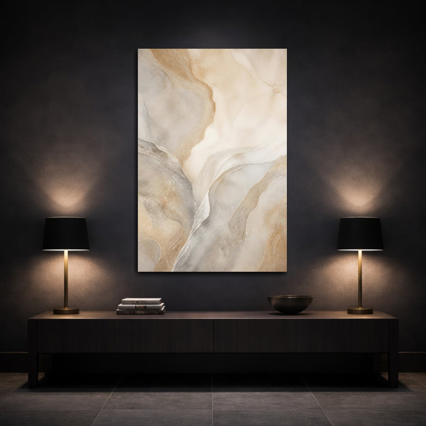 Mockup 3. Nature Onyx Texture Beige And Gold shown as stretched canvas wall art