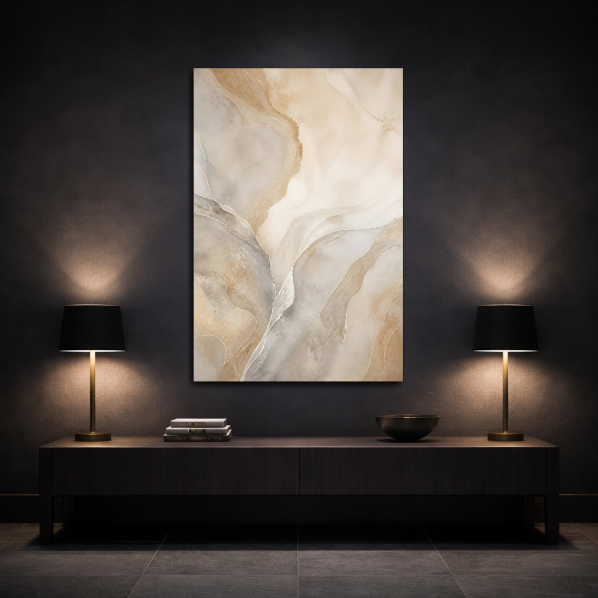 Mockup 3. Nature Onyx Texture Beige And Gold shown as stretched canvas wall art