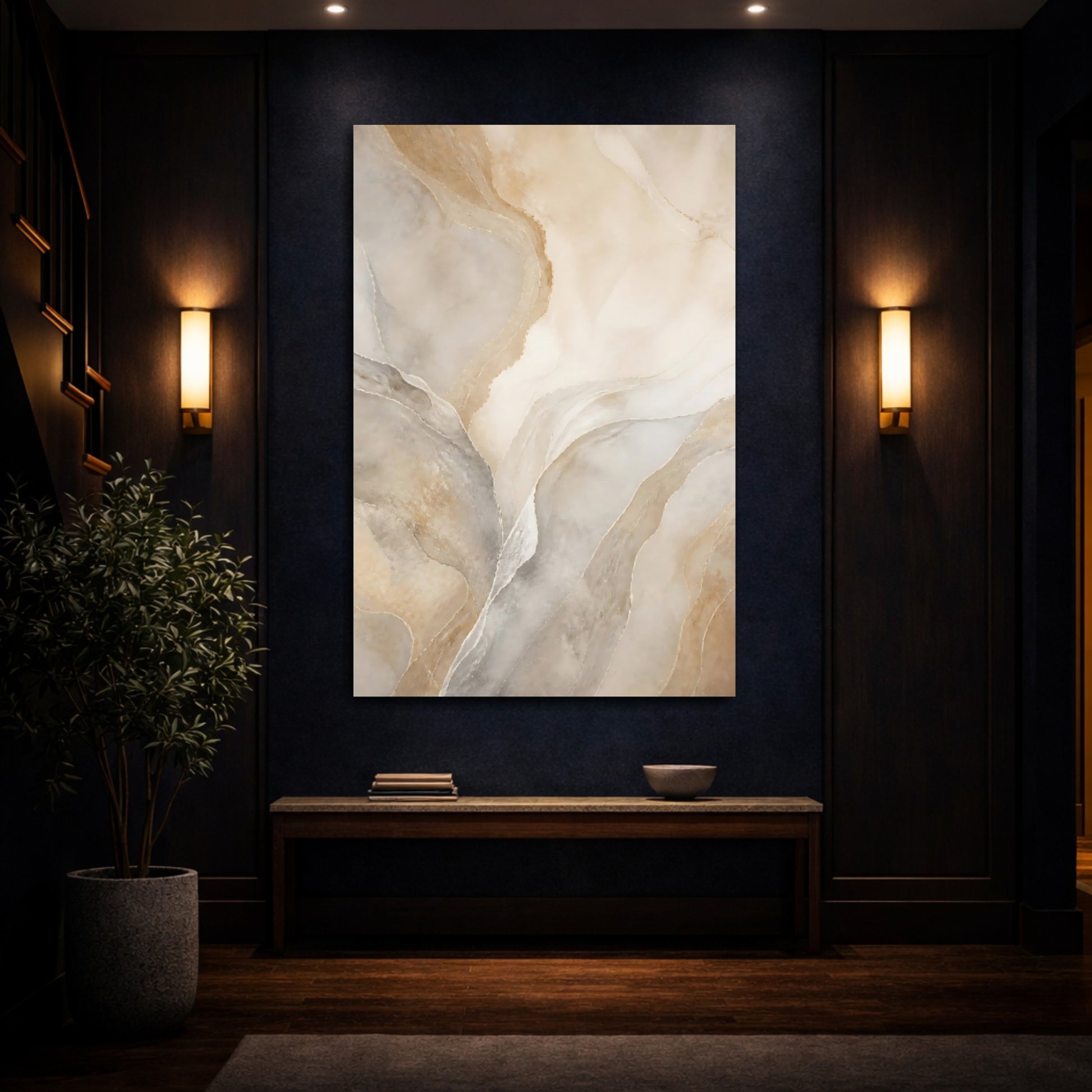 Mockup 4. Nature Onyx Texture Beige And Gold shown as stretched canvas wall art