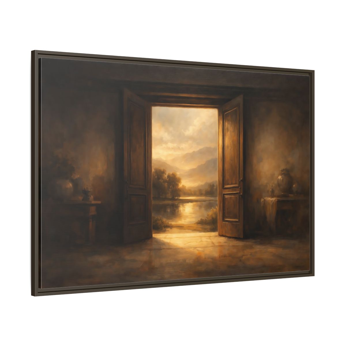 Main Mockup. Nature Open Door Brown And Gold shown as stretched canvas wall art