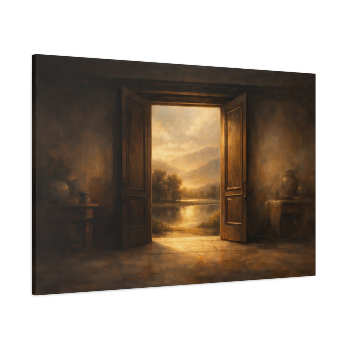 Main Mockup. Nature Open Door Brown And Gold shown as stretched canvas wall art