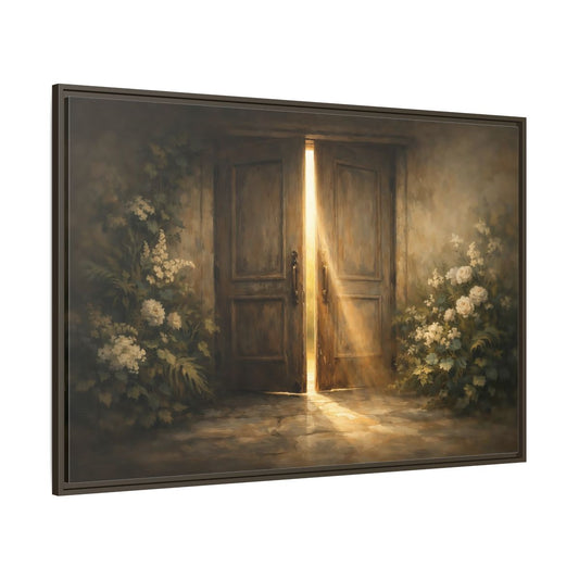 Main Mockup. Nature Open Door Brown And Gold shown as stretched canvas wall art