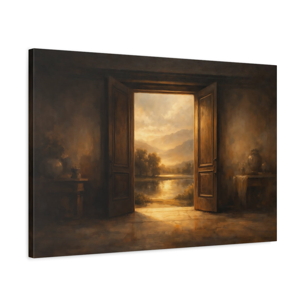 Side Mockup 2. Nature Open Door Brown And Gold shown as stretched canvas wall art