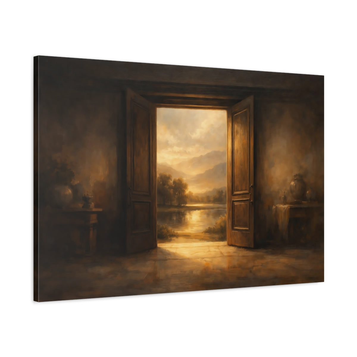 Side Mockup 1. Nature Open Door Brown And Gold shown as stretched canvas wall art