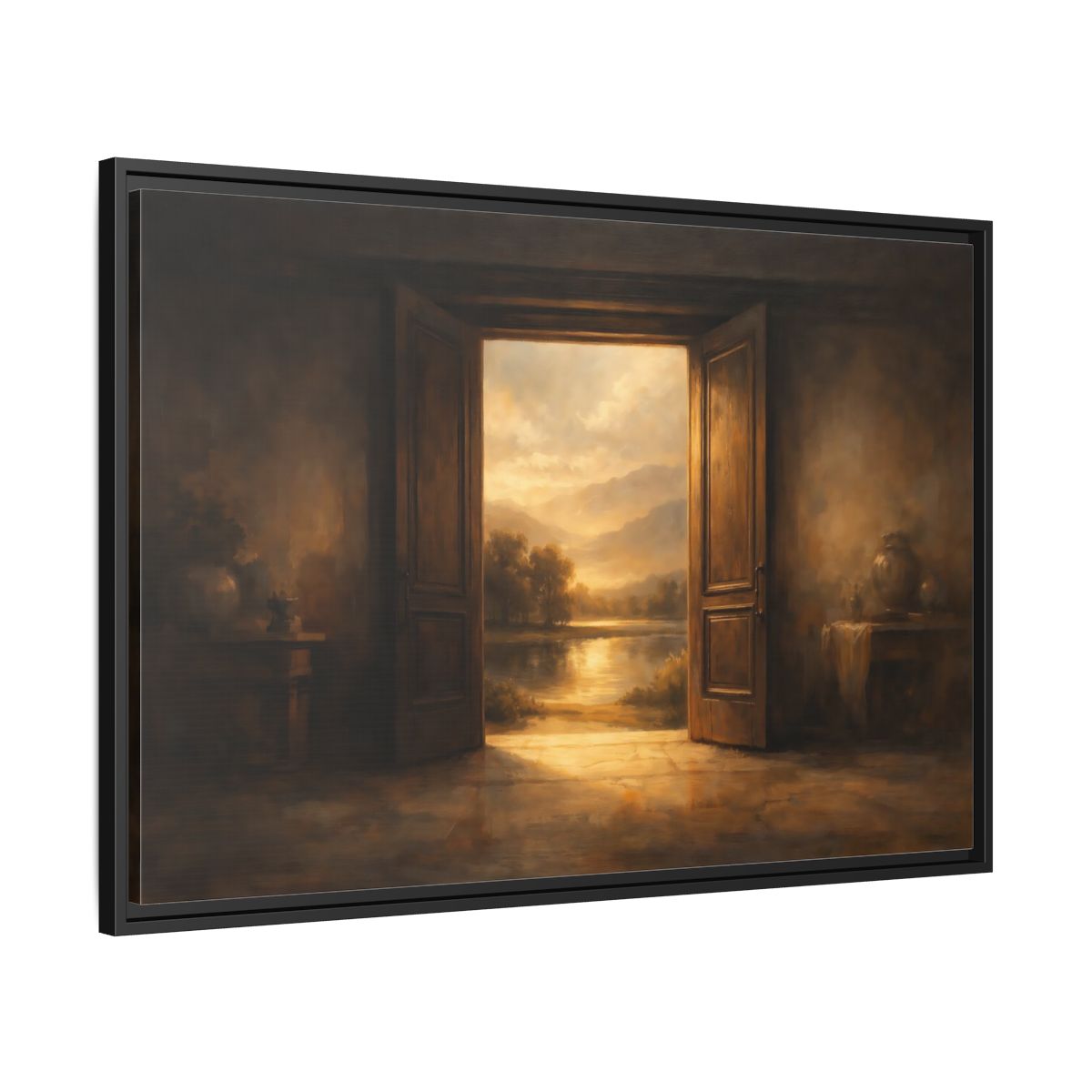 Side Mockup 13. Nature Open Door Brown And Gold shown as stretched canvas wall art