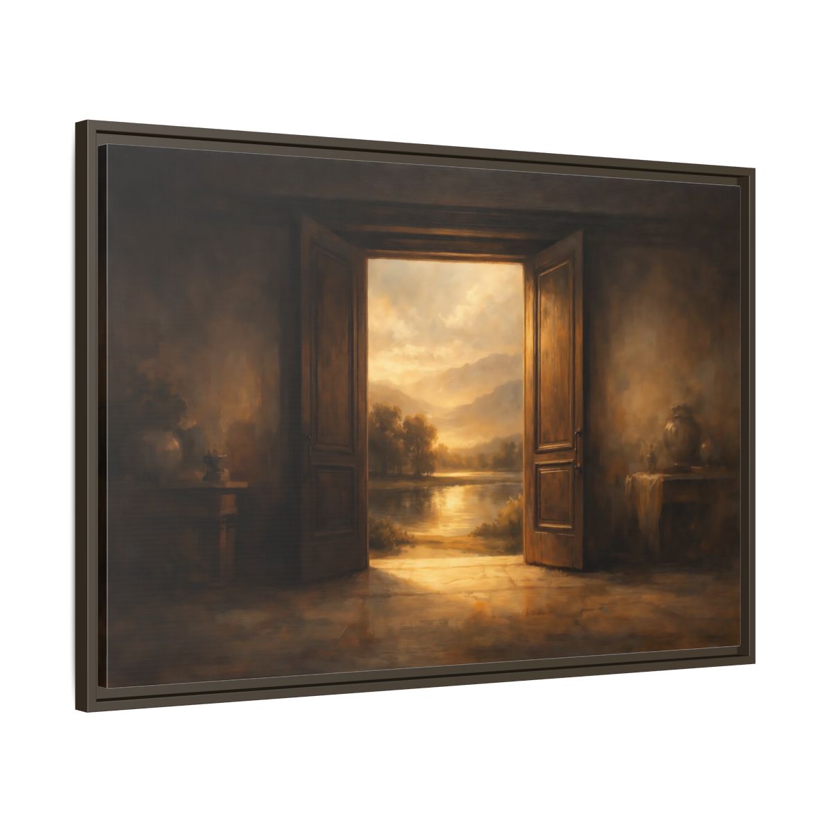 Side Mockup 9. Nature Open Door Brown And Gold shown as stretched canvas wall art