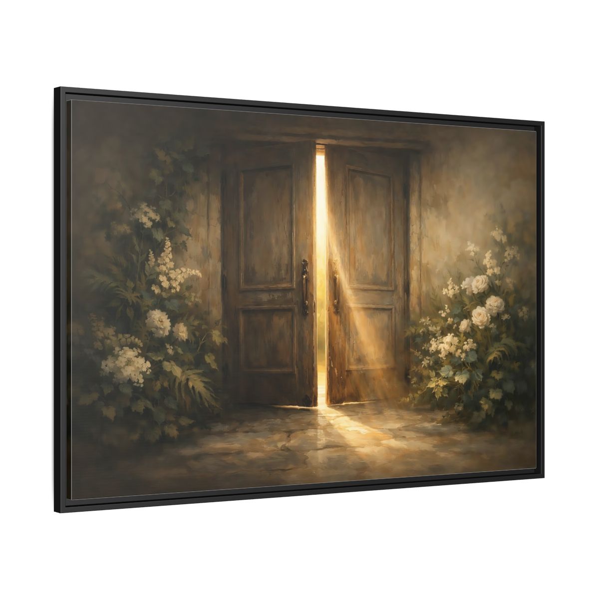 Side Mockup 12. Nature Open Door Brown And Gold shown as stretched canvas wall art