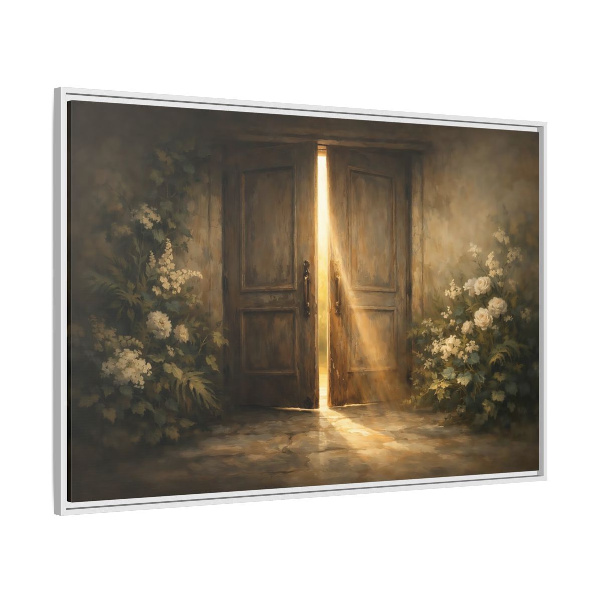 Side Mockup 7. Nature Open Door Brown And Gold shown as stretched canvas wall art
