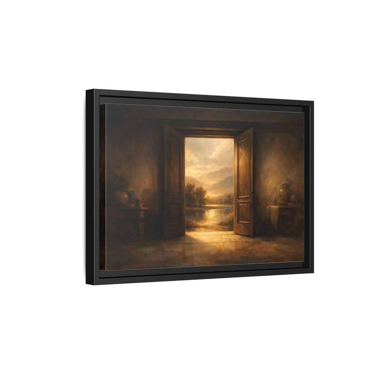 Side Mockup 6. Nature Open Door Brown And Gold shown as stretched canvas wall art