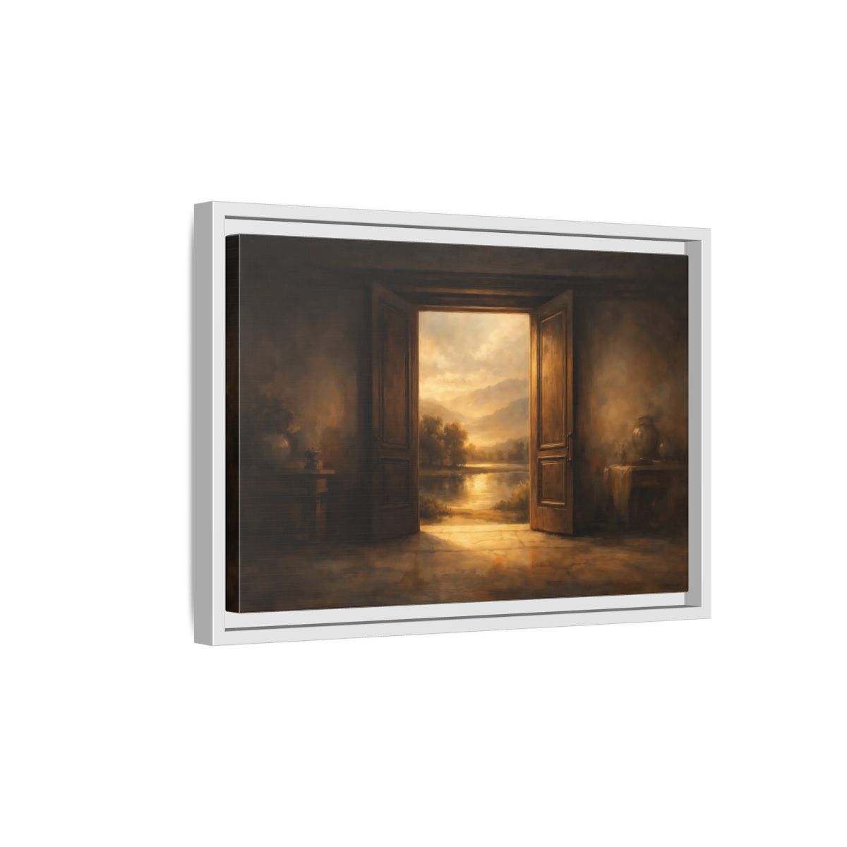 Side Mockup 4. Nature Open Door Brown And Gold shown as stretched canvas wall art