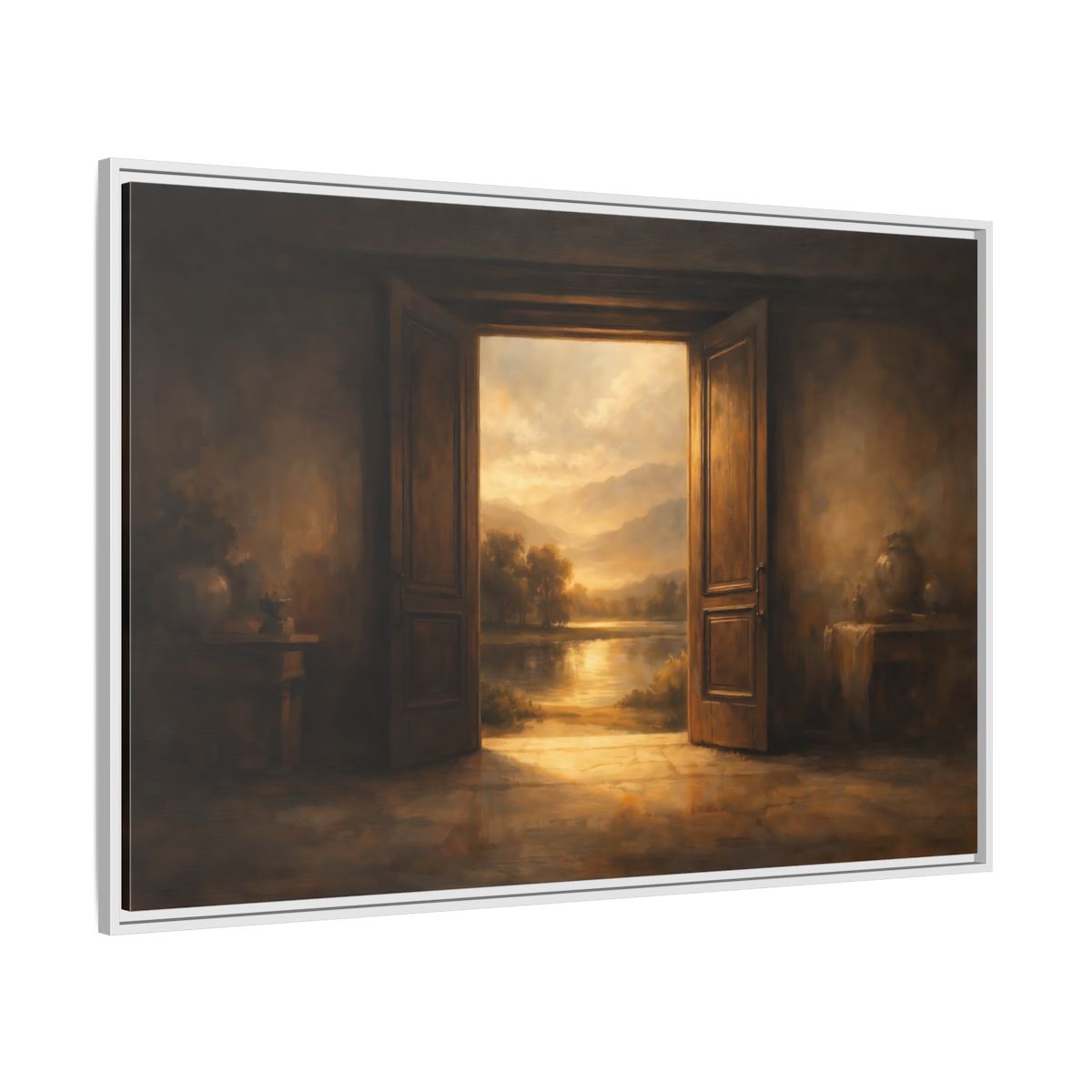 Side Mockup 7. Nature Open Door Brown And Gold shown as stretched canvas wall art
