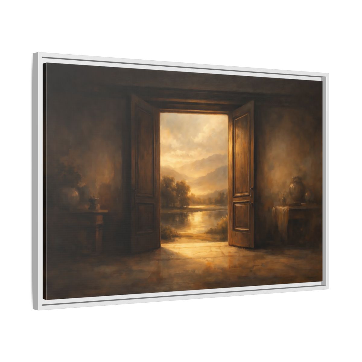 Side Mockup 8. Nature Open Door Brown And Gold shown as stretched canvas wall art