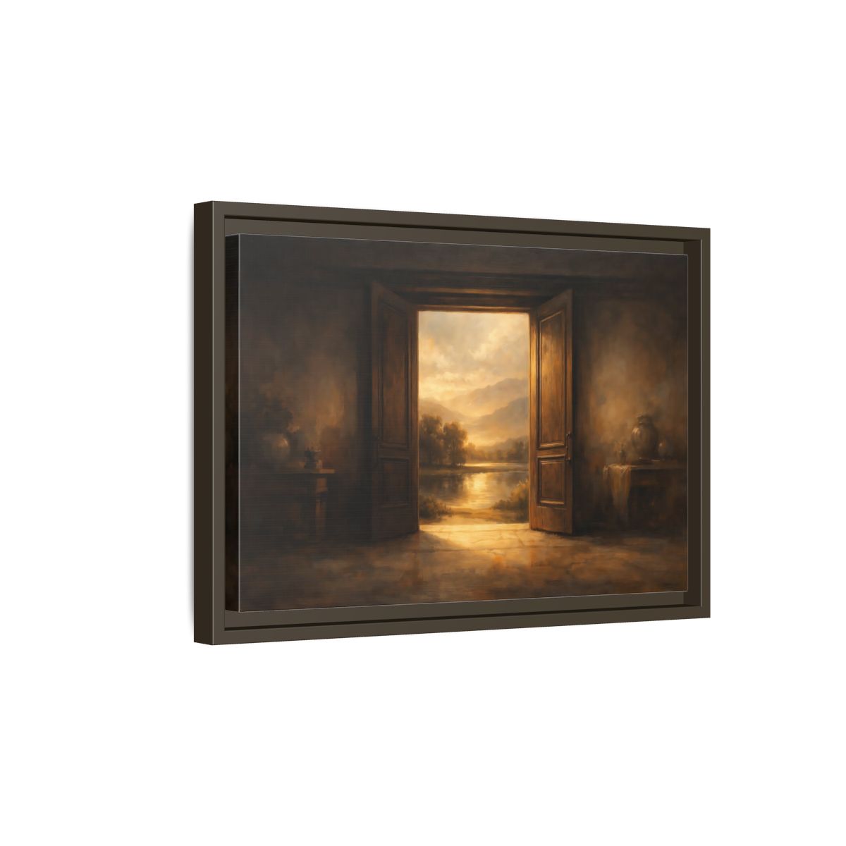 Side Mockup 5. Nature Open Door Brown And Gold shown as stretched canvas wall art