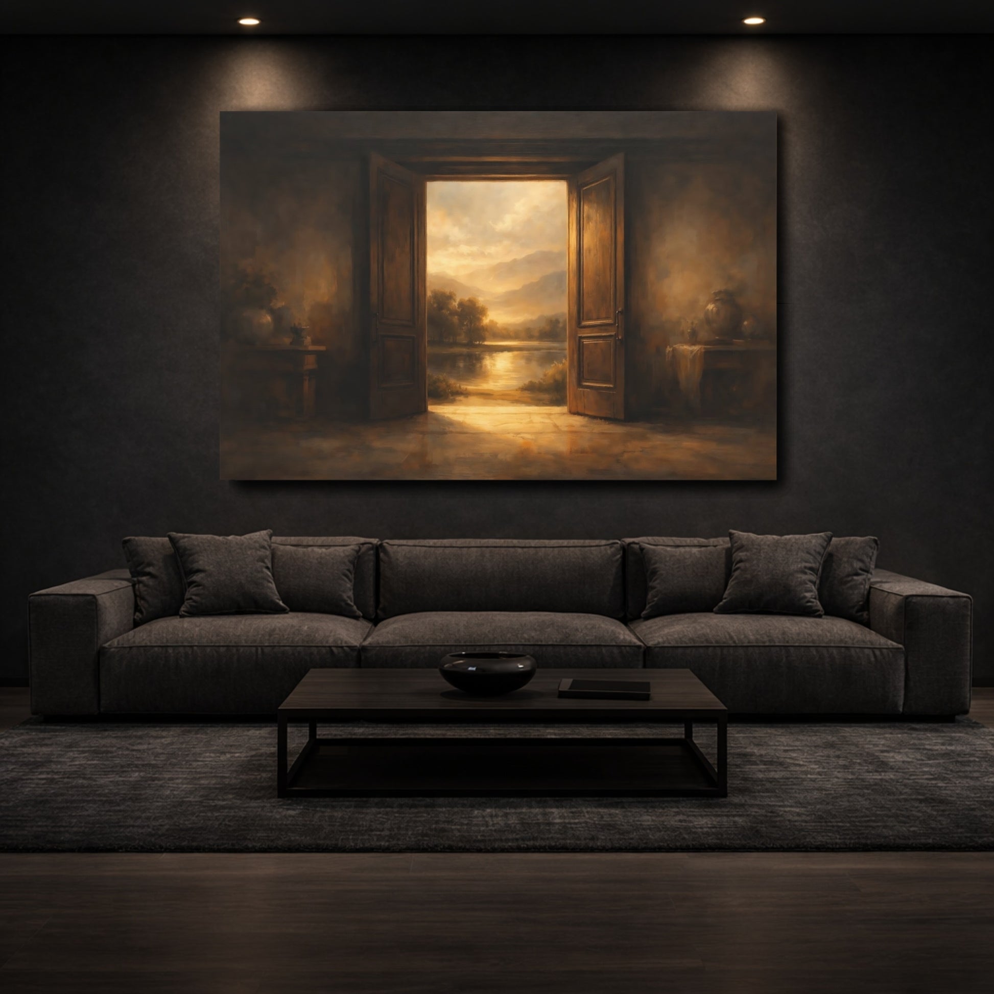 Mockup 2. Nature Open Door Brown And Gold shown as stretched canvas wall art