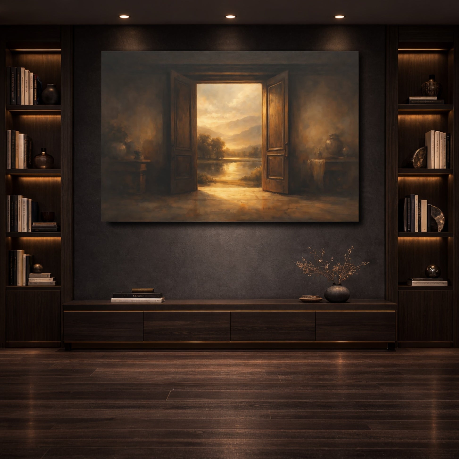 Mockup 3. Nature Open Door Brown And Gold shown as stretched canvas wall art