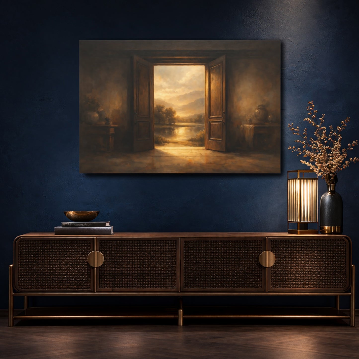 Mockup 4. Nature Open Door Brown And Gold shown as stretched canvas wall art