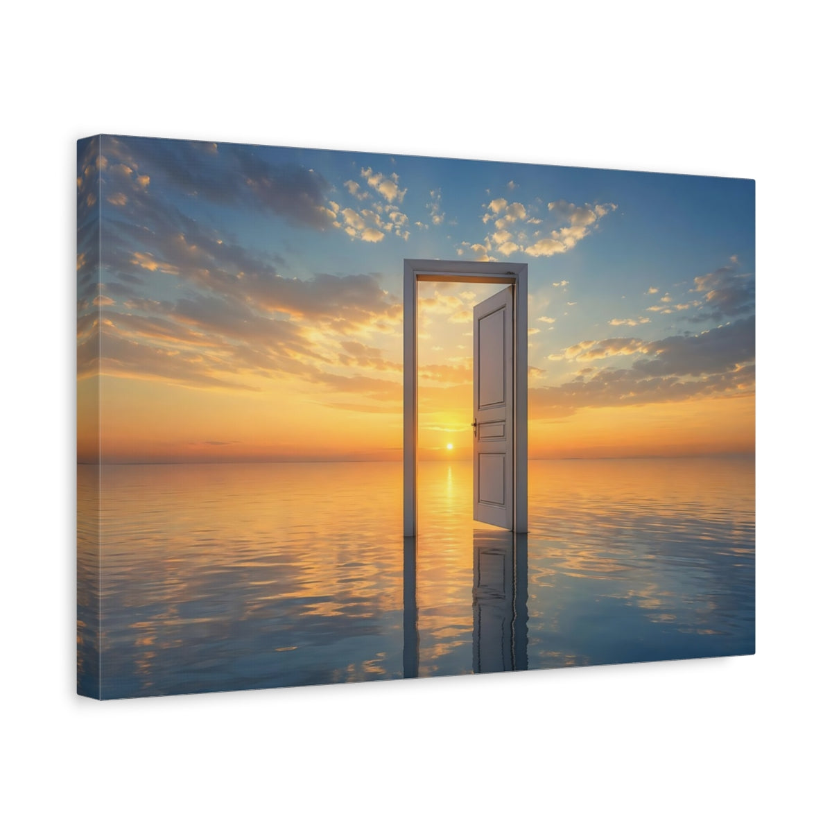 Side Mockup 4. Nature Open Door Orange And Blue shown as stretched canvas wall art
