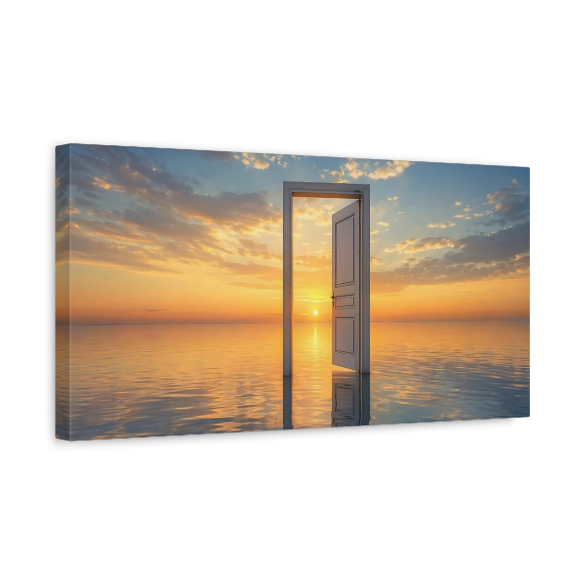 Side Mockup 3. Nature Open Door Orange And Blue shown as stretched canvas wall art