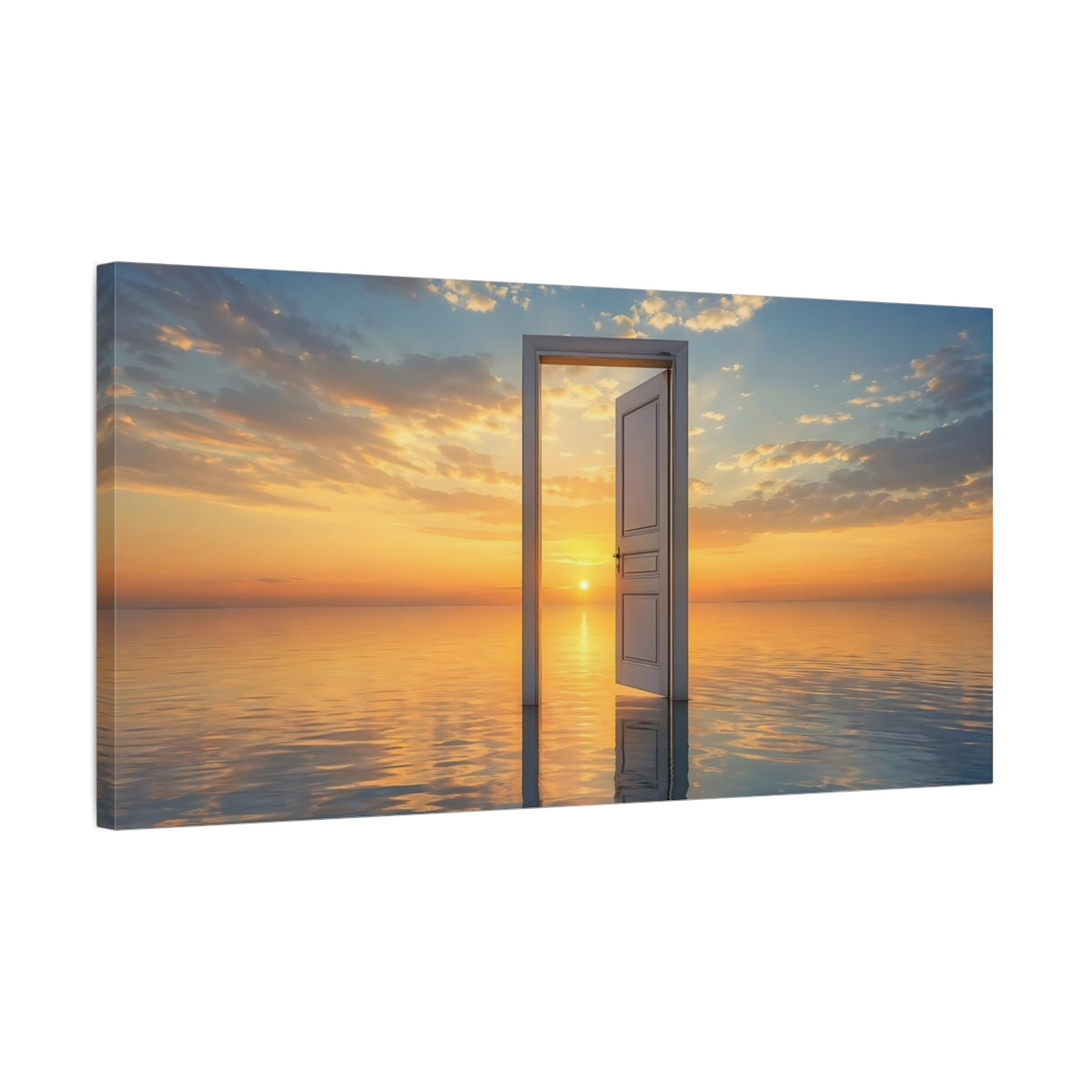 Side Mockup 1. Nature Open Door Orange And Blue shown as stretched canvas wall art