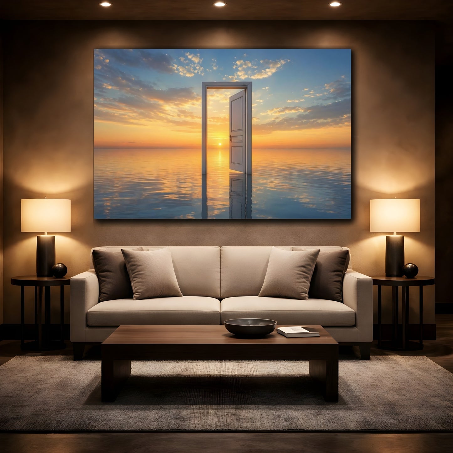 Mockup 2. Nature Open Door Orange And Blue shown as stretched canvas wall art