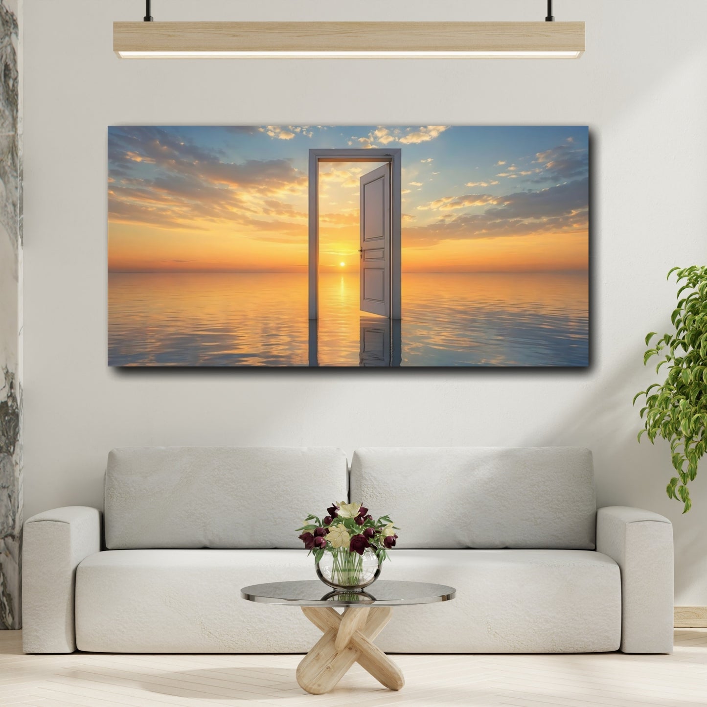 Mockup 3. Nature Open Door Orange And Blue shown as stretched canvas wall art